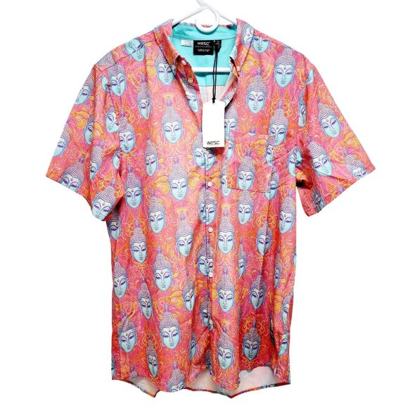 Wesc Mens Buddha Pattern Short-Sleeve Button-Up Shirt Multicolor Size M - Picture 1 of 10